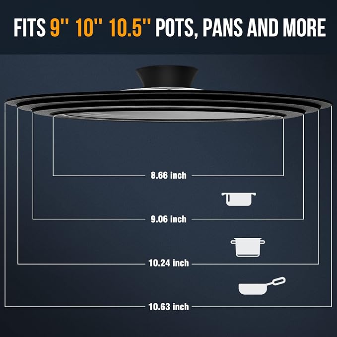 Walfos Universal Lid for 9", 10" and 10.5" Diameter Cookware, Fits Pots, Pans and Skillets - Walfos Tempered Glass Pan Lid with Heat Resistant Silicone Rim, BPA Free Pot Lids, Dishwasher-Safe, Black