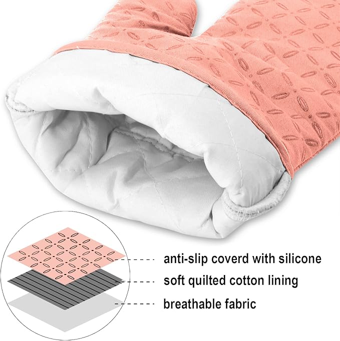 KEGOUU Oven Mitts and Pot Holders 6pcs Set, Kitchen Oven Glove High Heat Resistant 500 Degree Extra Long Oven Mitts and Potholder with Non-Slip Silicone Surface for Cooking (Pink)