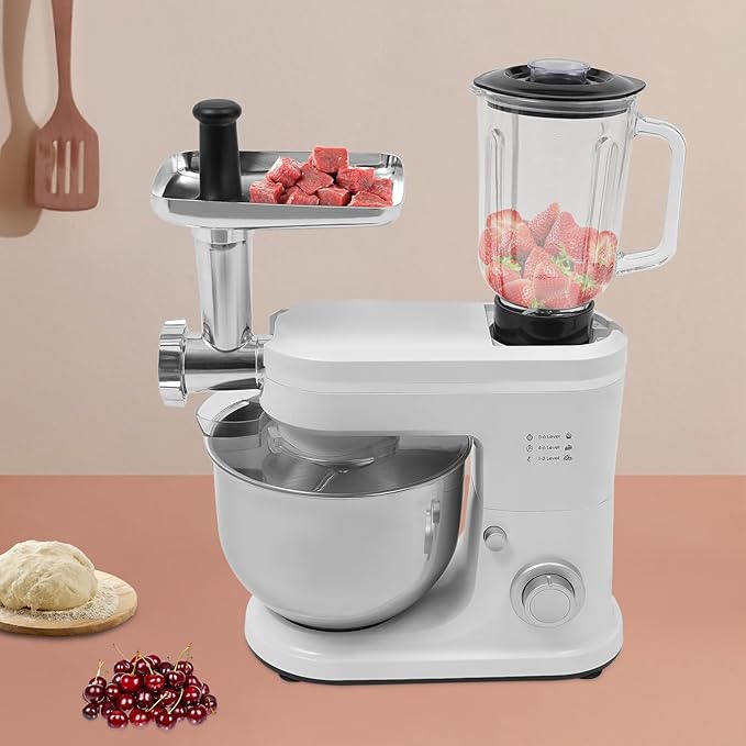 Stand Mixer, 3-in-1 Food Processor Multifunctional Electric Kitchen Mixer with 6 Accessories for Most Home Cooks, 6.34 Qt (White)