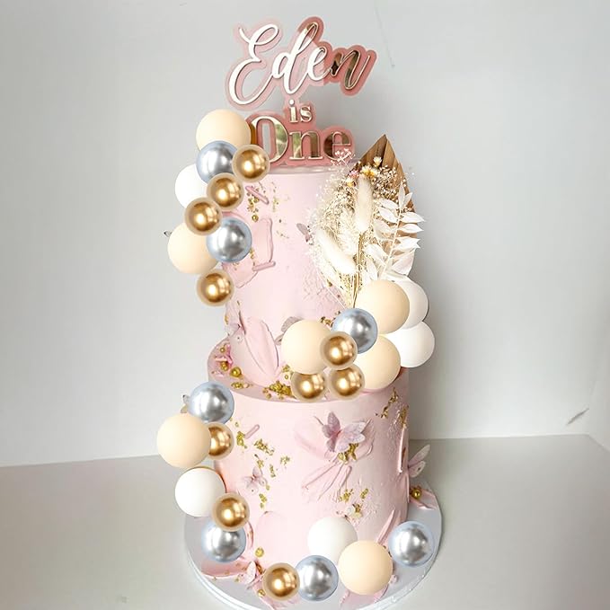 Gyufise 21 Pack Flower Boho Cake Topper Ball Cake Decorations Palm Leaves Plants Cake Decor for Girl Bohemian Princess Theme Wedding Baby Shower Birthday Party Supplies Gold White Khaki