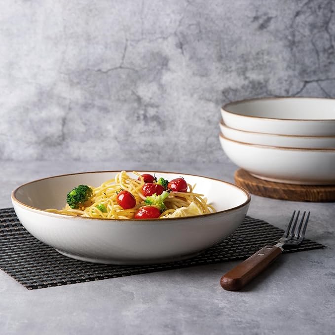 AmorArc 8.5'' Large Pasta Bowls, 36oz Ceramic Salad Serving Bowls Set of 4 for Kitchen, Wide Stoneware Bowls for Pasta,Salad,Fruit,Bread, Microwave Safe, Reactive-Pearl White