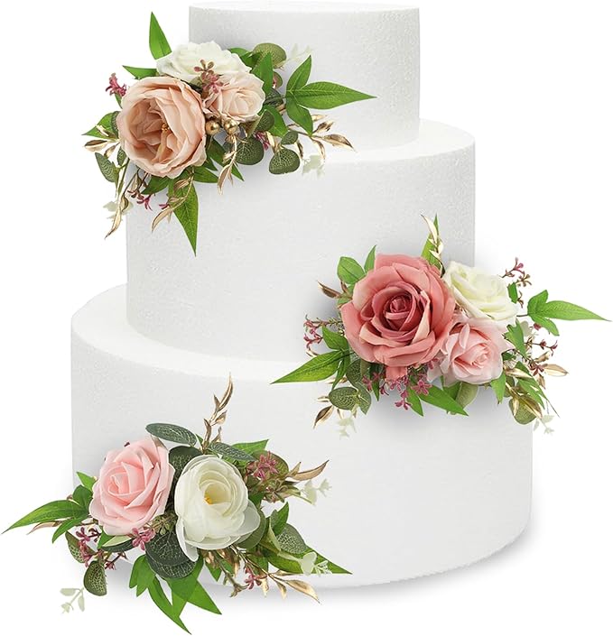 Rinlong 3Pcs Pre-made Pink Cake Topper Flowers Cake Decorations Wedding Cake Decorating Flowers Decor for Baptism Girl Baby Shower Birthday Party