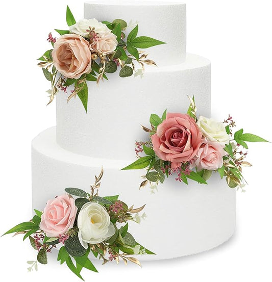 Rinlong 3Pcs Pre-made Pink Cake Topper Flowers Cake Decorations Wedding Cake Decorating Flowers Decor for Baptism Girl Baby Shower Birthday Party