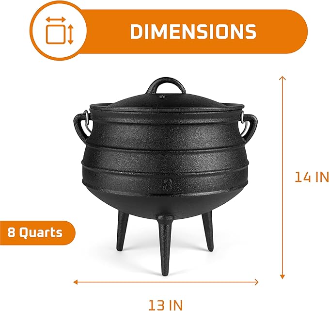 Bruntmor 8-Quart Pre-Seasoned Cast Iron Cauldron - African Potjie Pot with Lid - 3-Legged Pot for Even Heat Distribution - Outdoor Cast Iron Dutch Oven Cookware for Campfire Cooking and Boiling