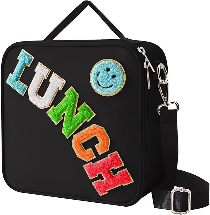 Insulated Lunch Bag With Adjustable Shoulder Strap, Nylon Preppy Lunch Box Large Insulated Lunch Bag Reusable Lunch Tote Bag with Smiley Preppy LunchBag for Girls School Travel Picnic (Black)