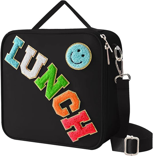 Insulated Lunch Bag With Adjustable Shoulder Strap, Nylon Preppy Lunch Box Large Insulated Lunch Bag Reusable Lunch Tote Bag with Smiley Preppy LunchBag for Girls School Travel Picnic (Black)