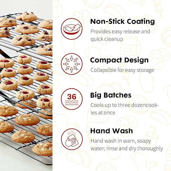 ShellKingdom Cooling Racks, Stainless Steel Non-Stick Baking Racks And Oven Safe Wire Cool Racks for Cookies, Cakes and Baking,3-Tier,Foldable