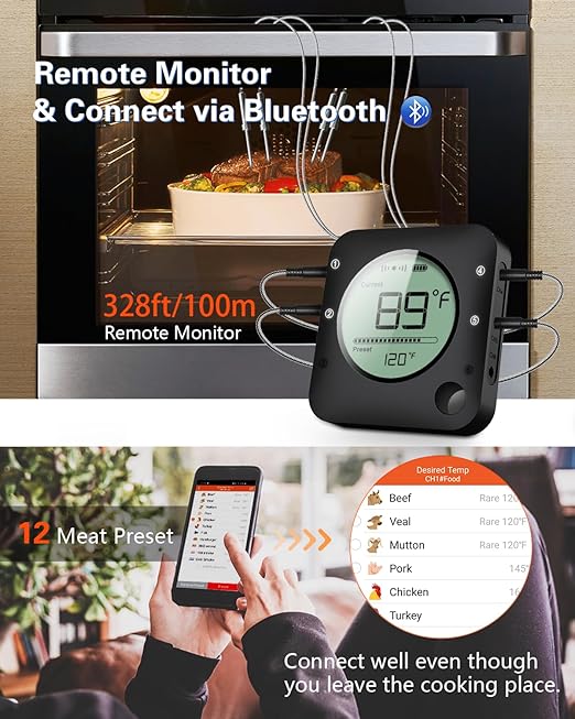 BFOUR Wireless Grill Thermometer, Bluetooth Meat Thermometer, Digital BBQ Meat Thermometer for Grilling Smoker Oven, Smart APP Alarm Monitor Instant Read with 4 Stainless Steel Probes