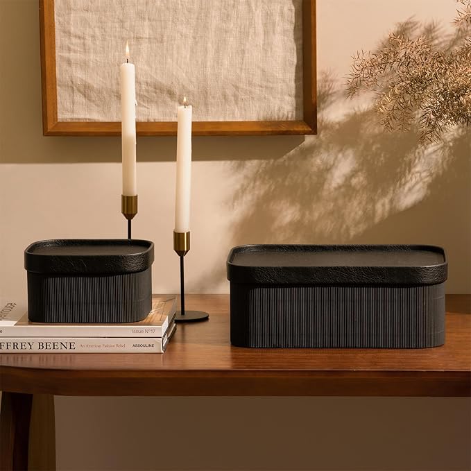 LA JOLIE MUSE Fluted Cardboard Storage Baskets with Leather-Like Lids, Paper Boxes Decorative Tray, Modern Basket Organizer Bins for Jewelry Shelve Bathroom Bedroom Organizing,Black, Set of 3