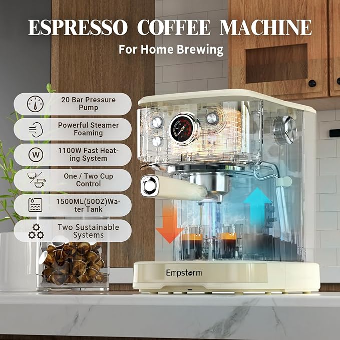 Espresso Machine 20 Bar, 2 in 1 Espresso Maker with Milk Frother Steam Wand for Latte and Cappuccino, Powder and Capsule Portafilter, 50oz Removable Water Tank Coffee Machine for Home-White