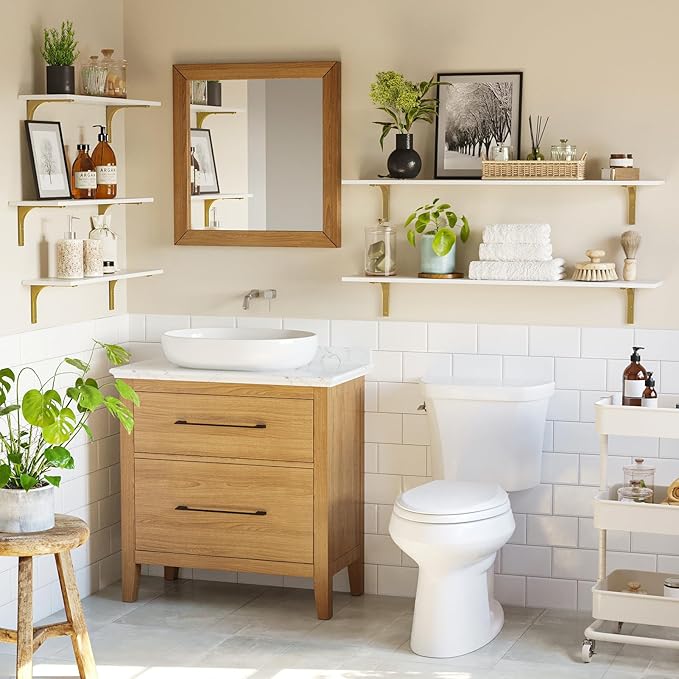 DINZI LVJ Long Wall Shelves, 47.3" Wall Mounted Shelves Set of 4, Large Floating Shelves for Wall with Metal Brackets, for Living Room, Bathroom, Bedroom, Kitchen, White and Gold