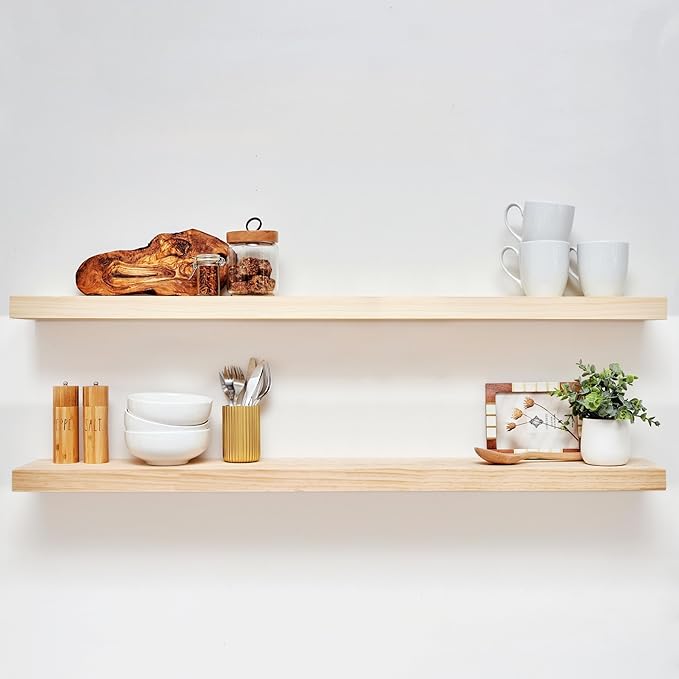 Homeforia Wood 48 inch Floating Shelf, High End Solid Natural Wood 48inch Floating Shelves for Wall Mounted, Unfinished Wooden Large Floating Shelves, Heavy Duty Bracket, 48 X 6.5 X 1.75 in, Set of 2