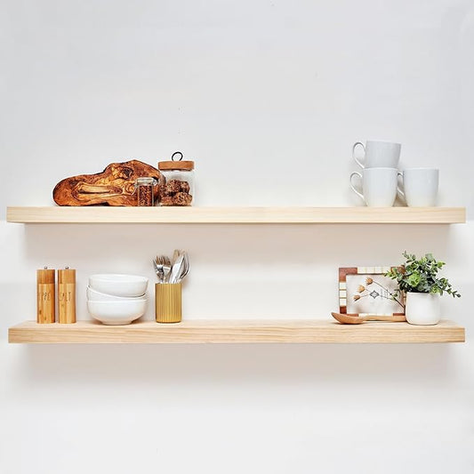 Homeforia Wood 48 inch Floating Shelf, High End Solid Natural Wood 48inch Floating Shelves for Wall Mounted, Unfinished Wooden Large Floating Shelves, Heavy Duty Bracket, 48 X 6.5 X 1.75 in, Set of 2