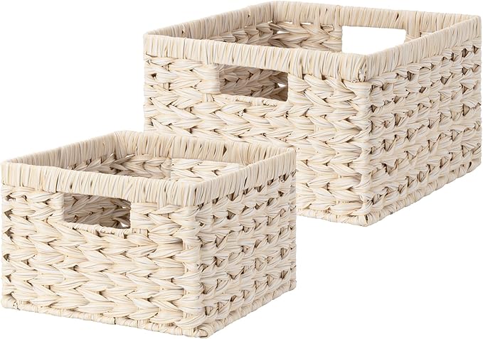 GRANNY SAYS Wicker Baskets for Organizing, Storage Basket for Shelves, Square Shelf Baskets with Handles, Waterproof Woven Basket for Living Room, Baskets for Entryway, Butter Milk