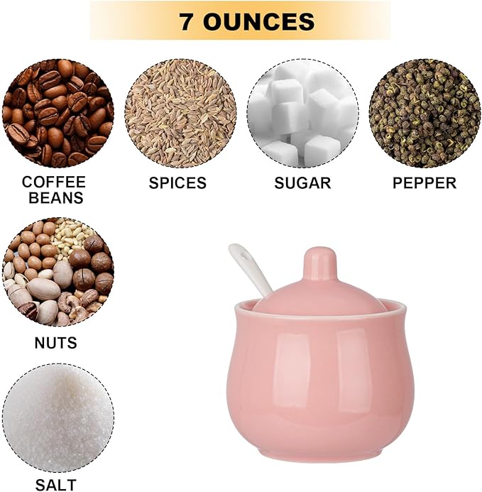 Ceramic Sugar Bowl with Lid and Spoon, Pink Porcelain Sugar Salt Pepper Storage Jar, 8 Ounces