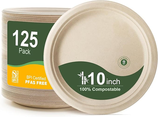 WELLIFE 100% Compostable Paper Plates 10 Inch, 125-Pack Heavy Duty Paper Plates Bulk,Biodegradable Bagasse,Eco-Friendly Disposable Dinner Plate for BBQ,Picnic,Party (BPI Certified,Microwaveable)