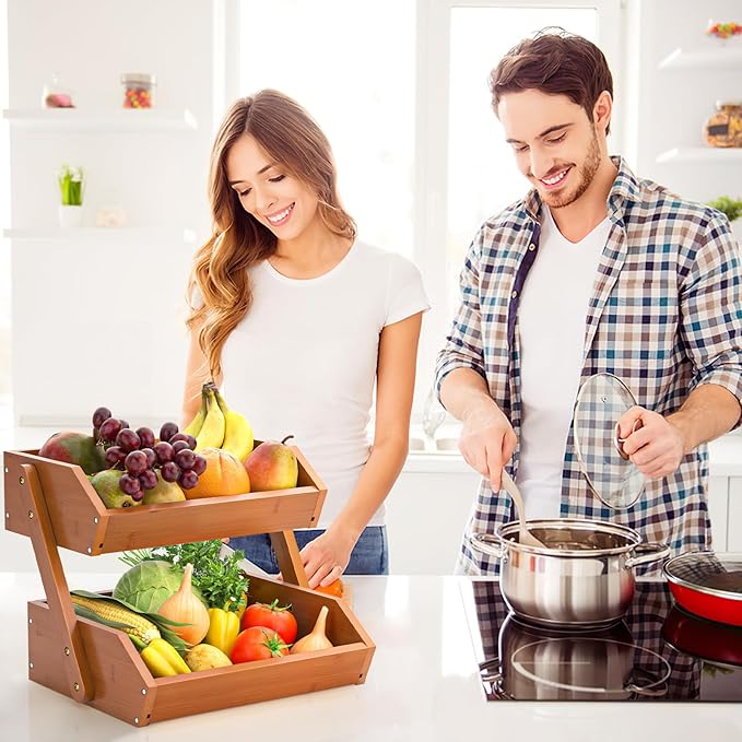 G.a HOMEFAVOR Fruit Basket for Kitchen, 2-Tier Fruit Bowl for Kitchen Counter, Vegetable Storage Stand for Fruit Shop, 15 mm Thickness, Brown