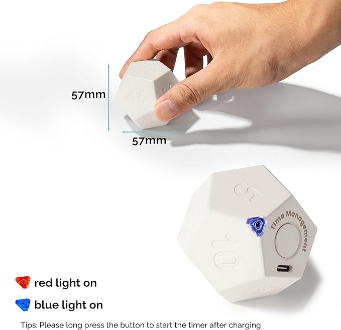 KADAMS Pomodoro Cube Timer Productivity-11 Preset Countdowns, Flip-to-Start Gravity Activation - Sound Vibrate Mute Rechargeable - Ideal for ADHD Kid Kitchen Classroom Cook Study Exercise - White