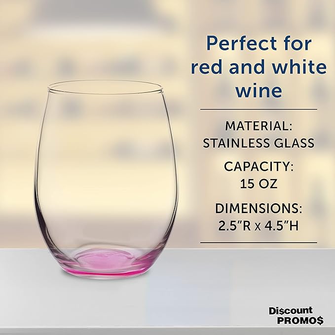 DISCOUNT PROMOS Stemless Wine Glasses in Bulk by ARC Perfection, 15 oz, 10 pack, Red or White Wine Glass Set, Pink