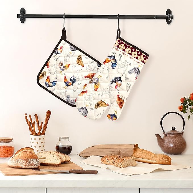 Roosters Oven Mitts and Pot Holders Sets 2Pcs, 100% Cotton Heat Resistant, Extra Long Oven Gloves Potholder for Kitchen Cooking Baking Decoration