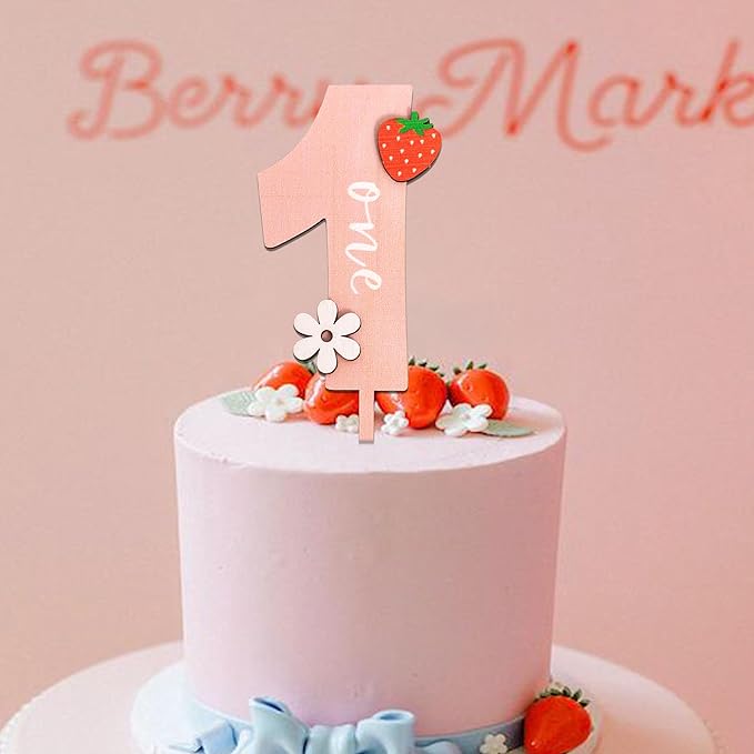 Strawberry One Cake Topper - Flower Wooden Cake Topper, Berry First Birthday Cake Decoration for Baby Shower, Birthday Party, Anniversary, Baby Photo Booth Props, Cake Smash...