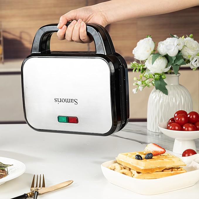 Samoris Waffle Iron, 8 inch 2 Slice Non-Stick Removable Plates for Easy Cleanup, Sandwich Maker,Make Breakfast and Snacks, LED Indicator Lights, Cool Touch Handle, 870W Black and Silver