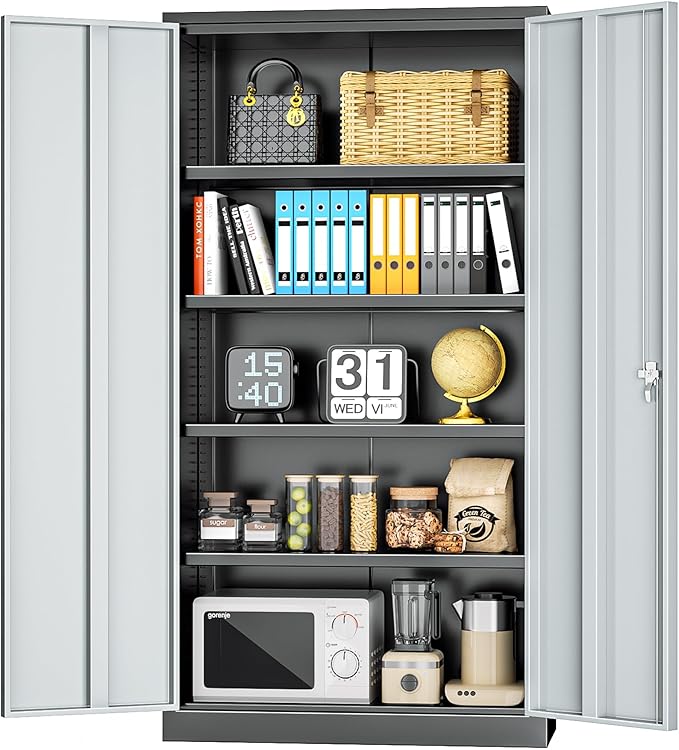 INTERGREAT Metal Storage Cabinets 72” Black Grey Garage Steel Storage Cabinet with Doors and Shelves, Steel File Cabinet for Home Office, Basement, Warehouse, Classroom（Anti Tipping）