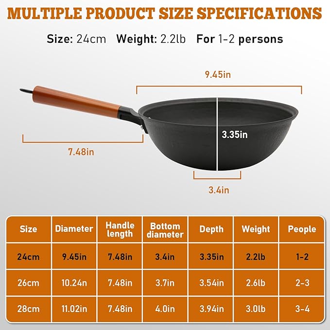 Nonstick Frying Wok Pan Hybrid, 9 Inch Preseasoned Deep Stir Fry Pan Skillet with Glass Lid, Traditional Chinese Cast Iron Wok, No Coated Saucepan for Induction, Electric, Gas, Grill Stoves