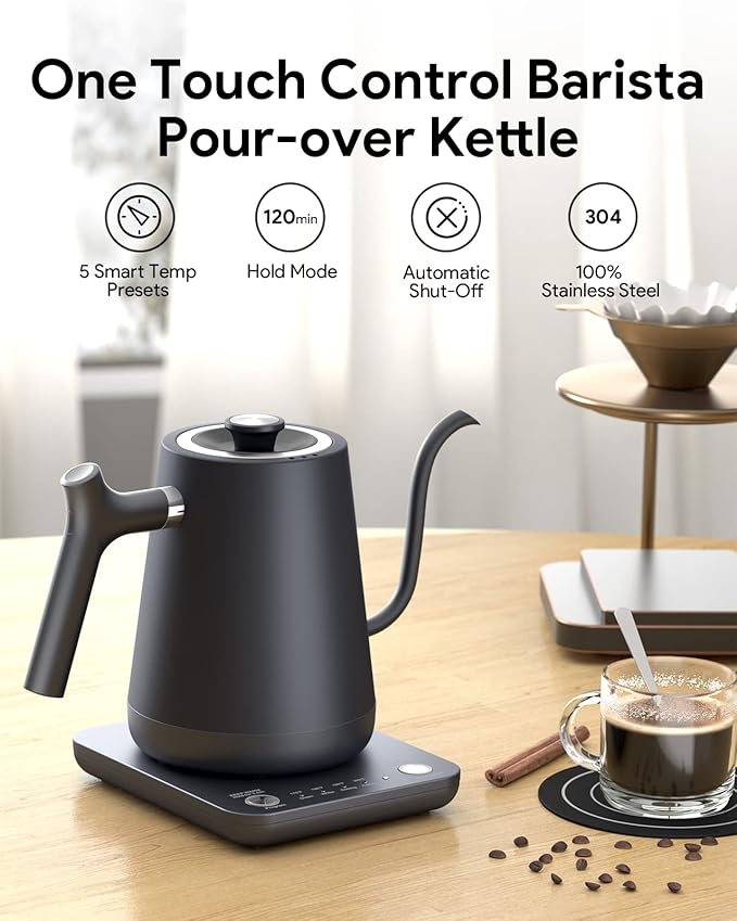 Gooseneck Electric Tea Kettle Pour-Over Kettle for Coffee, with 5 Variable Presets, 100% Stainless Steel Inner, with Keep Warm and Mute Function 0.8L, 1000W Quick Heating, Matte Black