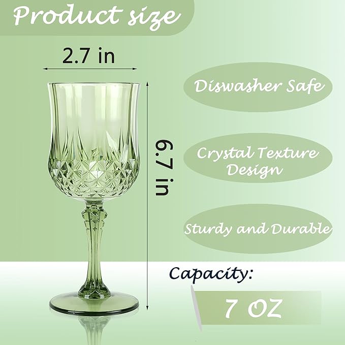 Plastic Wine Glasses，Plastic Goblets Vintage Style Cordial Drinking Glasses for Wedding Reception, Grand Event Party Supplies (12, New Green)
