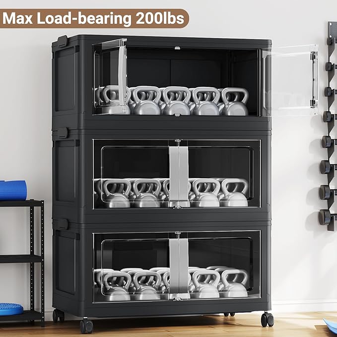 160QT Stackable Storage Bins with Lids, 40Gal Extra Large Collapsible Storage Box with Wheel, Plastic Storages with Clear Door Open Front for Home Bedroom Garage, Black-1pack