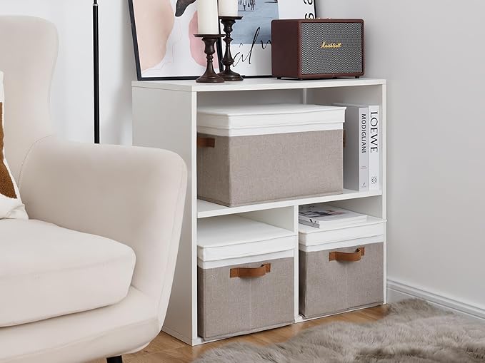 StorageWorks Storage Bins with Lids, Decorative Storage Boxes with Lid and PU Handles, Foldable Storage Baskets for Closet, Shelves, Stackable, Brown and White, Jumbo, 3-Pack