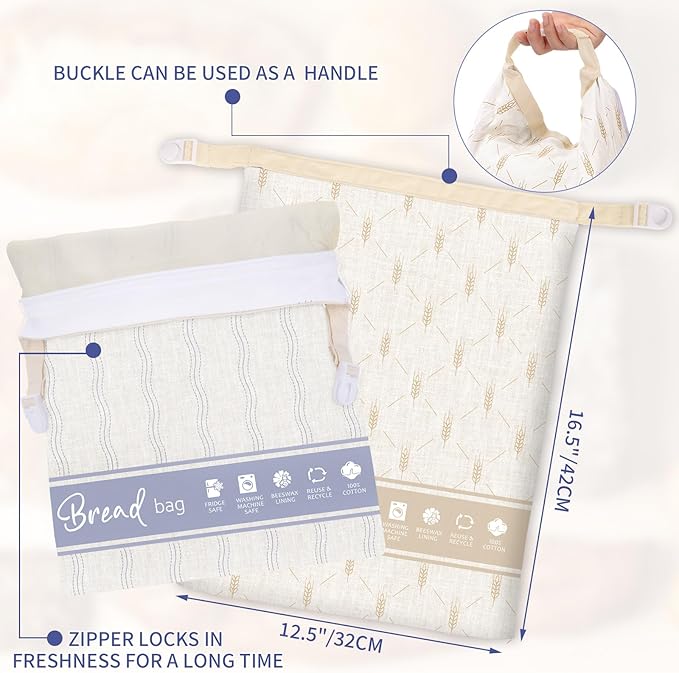 Beeswax Bread Bags for Homemade Bread, 2 Packs XL Reusable Bread Bag for Sourdough Large Cotton Bread Storage Bags for Baking Supplies Freezer Fresh Keeping