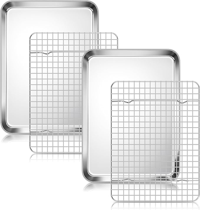 Quarter Sheet Pan with Wire Rack Set (2 Baking Sheets+2 Racks), Homikit Stainless Steel Baking Tray with Grid Cooling Rack for Toaster Oven Roasting, Metal Bacon Cookie Jelly Roll Pan, 12" x 10" Inch