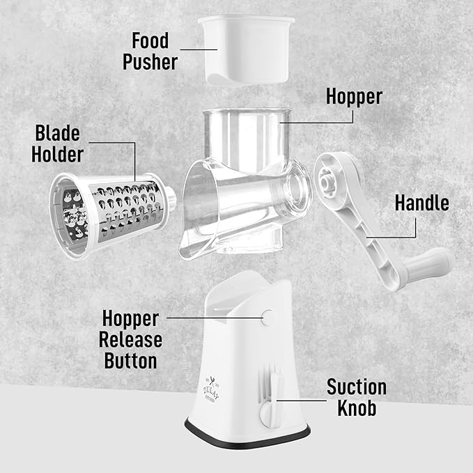 Zulay Kitchen Rotary Cheese Grater 5 Blade Cheese Shredder - Manual Hand Crank Cheese Grater With Reinforced Suction & 5 Interchangeable Drums - Easy to Use, Vegetable Chopper Round Mandoline Slicer