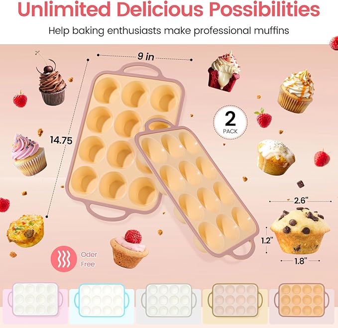 Silicone Muffin Pans for Baking 2 Pack, 2.6 Inch with Metal Reinforced Frame, Regular Size Nonstick Silicone Cupcake Pan for Baking Homemade Muffins, Cupcakes, Dishwasher Safe BPA Free-Yellow