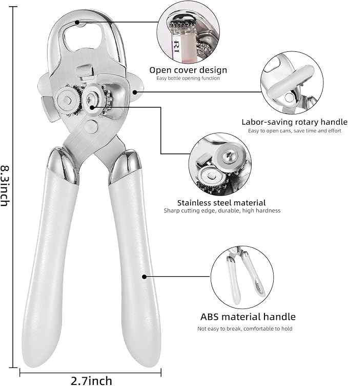Multi-function Manual Can Opener Bottle Opener, Oversized Hand-held Easy Rotary Knob, Safe Cut Can Opener with Non-Slip Handle, Smoother Cut Sharp Blade for Seniors Kitchen Tool, White