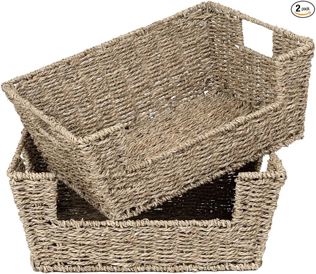 StorageWorks Wicker Storage Basket for Pantry Organizers and Storage, Stackable Seagrass Pantry Baskets for Shelves, 2-Pack
