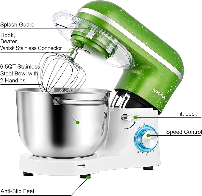 Aucma Stand Mixer,6.5QT 660W 6-Speed Tilt-Head Food Mixer, Kitchen Electric Mixer with Dough Hook, Wire Whip & Beater (Green-White, 6.5QT)