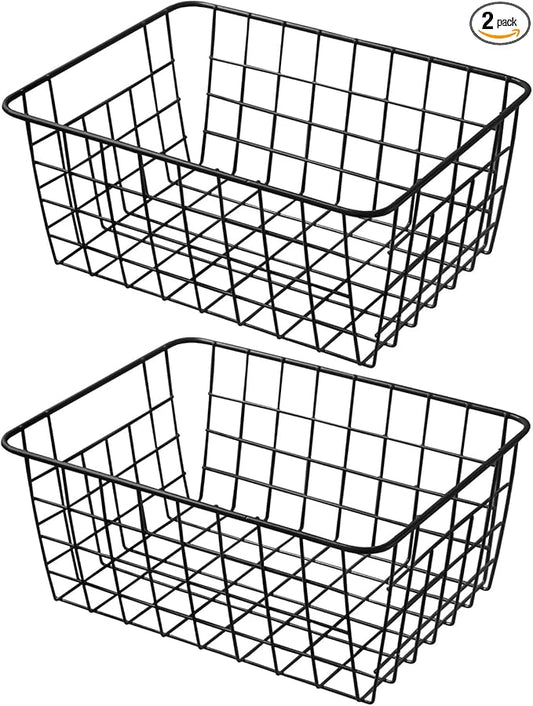 11" Upright Freezer Storage Baskets, Black Wire Storage Bins Small Bakset for Freezer, Pantry, Bathroom Organizing, Set of 2