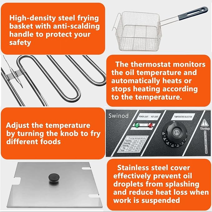 Commercial Deep Fryer with Basket for Restaurant or Home Use, 3400W 12.7QT Detachable Large Capacity Stainless Steel Countertop Electric Oil Fryer with Temperature Control