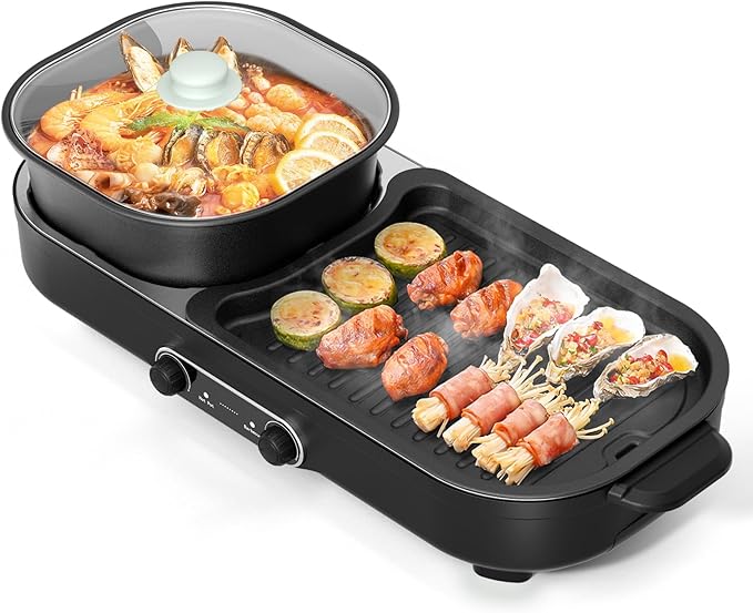 Electric Hot Pot with Grill, 2 In 1 Indoor Non-Stick Barbecue Shabu Hot Pot with Dual Temperature Control, Detachable Hot Pot and Baking Tray, Smokeless Shabu Korean BBQ Grill