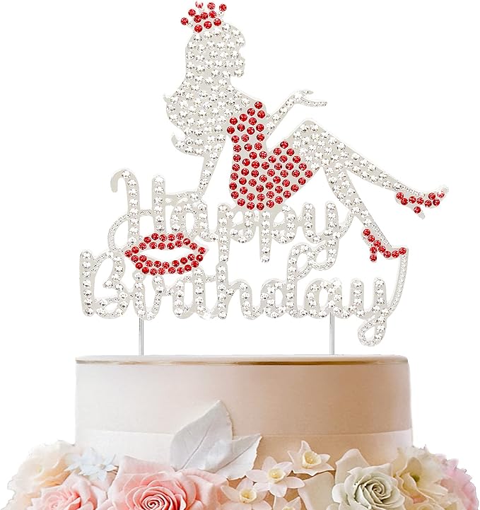 LINGTEER Happy Birthday Crown Queen Lady Rhinestone Cake Topper - Cheers to Makeup Spa Birthday Party Cake Centerpieces Decorations Gift Sign - Red.