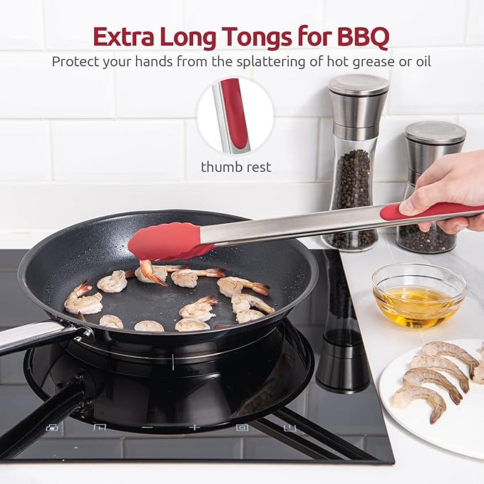 Heat Resistant Silicone Kitchen Tong: U-Taste 16 inch Extra Long Large 480ºF Hot Proof Cooking Tong with Sturdy Non Stick Rubber Tips & Non Slip Silicon Coated Steel Handle for Grilling BBQ (Red)
