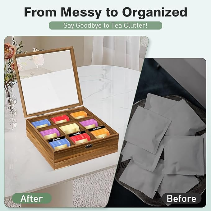 Acacia Wood Tea Bag Organizer Tea Storage Box with Clear Acrylic Top Window & 9 Compartments Tea Bag Holder for Home Office Gift (Acacia)