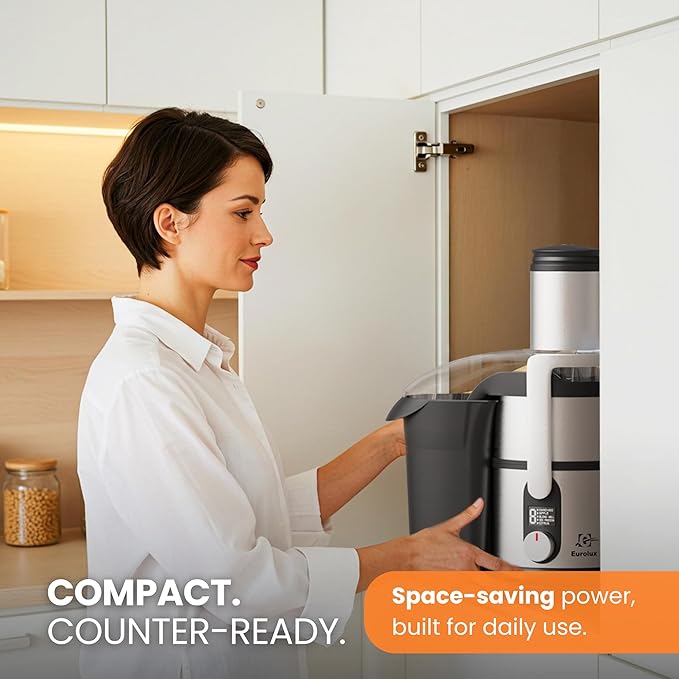 Eurolux 800W Premium Centrifugal Juicer for Whole Fruits and Vegetables – TurboJet Extraction System – 5-Speed Dial with Digital Display – Wide 3” Feed Chute – Easy to Clean – BPA-Free- Stainles Steel