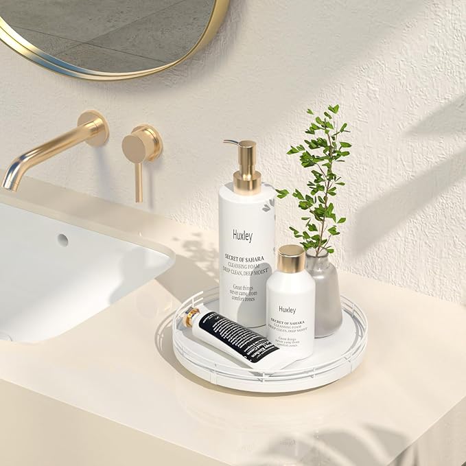 9" Oak Wood Bathroom Tray for Counter, Vanity Tray for Perfume Lotion Candle Makeup Jewelry Sink Soap Holder Turntable Dresser Organizer Countertop Coffee Table Decor Organization and Storage White