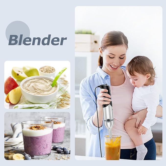 FRESKO Immersion Blender Handheld, 4-in-1 Stainless Steel Hand Electric Stick Mixer with 12-Speeds & Turbo Mode, Powerful 500W Emulsion Blender with Beaker, Chopper & Whisk