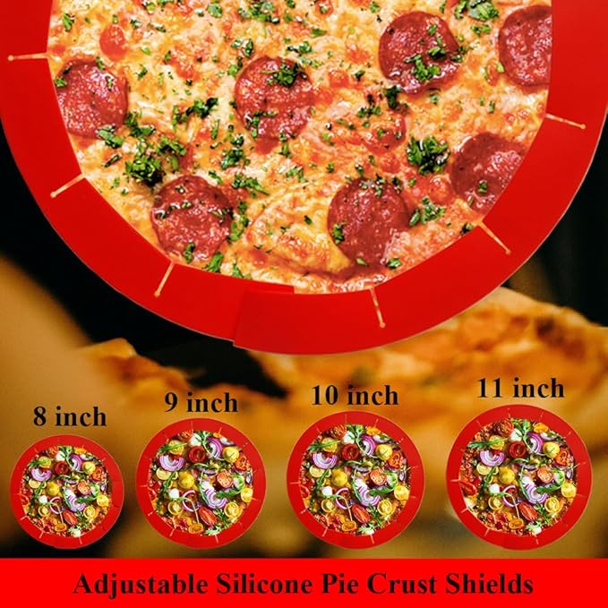 Adjustable Pie Crust Shields, Silicone Baking Protectors, Cover Ring Tools Fits 8-11.4 Inch Pies, Baking Pie Pizza Crust Shield Protector Cover for Edges ﻿ (Red)