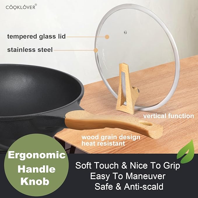 COOKLOVER Nonstick Woks And Stir Fry Pans Die-cast Aluminum Scratch Resistant 100% PFOA Free Induction Wok pan with Lid 12.6 Inch - BK